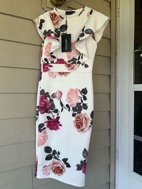 PrettyLittleThing White Midi Dress with Pink & Burgundy Roses